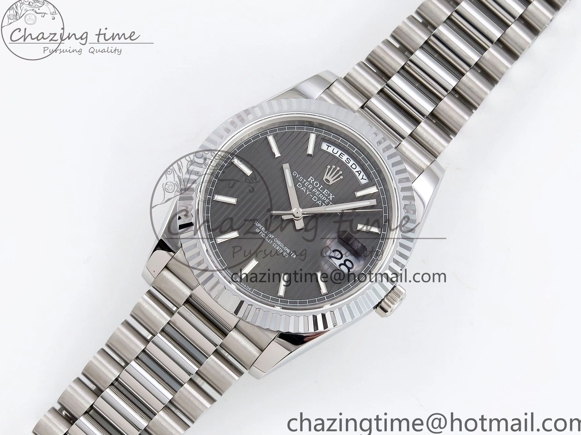 MiroTime 0418 SportInspired DayDate 40 SS JDF 904L Steel Gray Textured Stick Dial on President Bracelet VR3255 V3 (Gain Weight) 1437